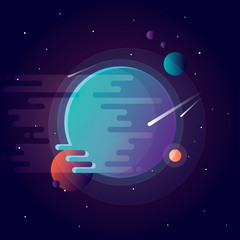 Wall Mural - Vibrant colorful planets with falling comets. Universe vector illustration in flat design style
