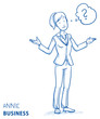 Clueless young woman in business clothes spreading her arms with thought bubble. Hand drawn line art cartoon vector illustration.