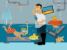 Kid Snorkeling In A Flooded Room, His Father Looking At The Leaking Plumbing, EPS 8 Vector Illustration