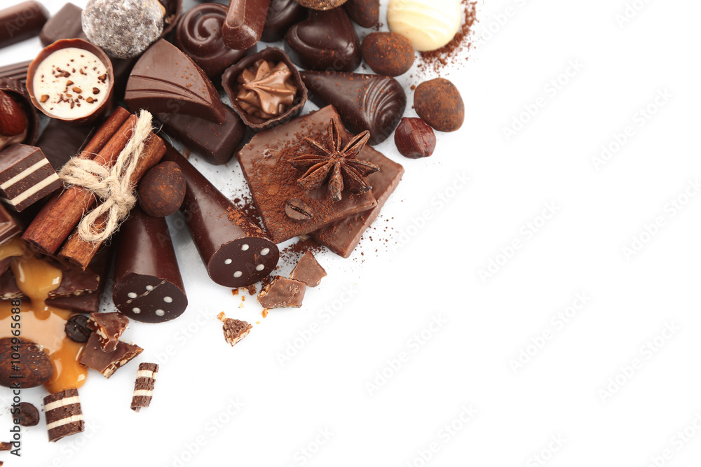 Assorted chocolate candies, isolated on white