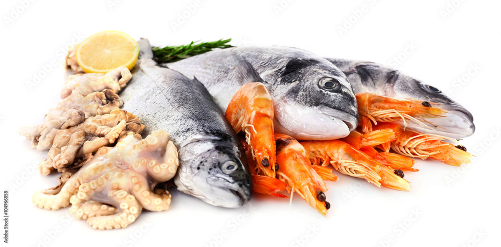 Fresh Mediterranean cocktail of fish on white background, close up