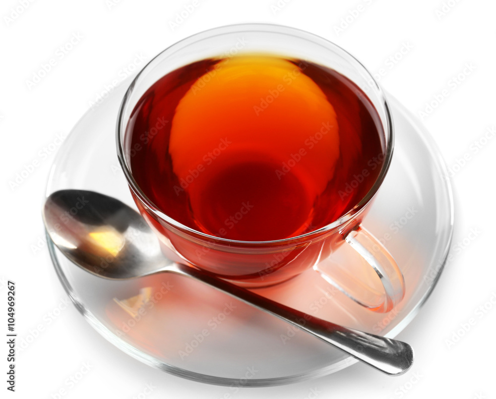 Glass cup of tea isolated on white background