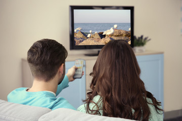 Sticker - Young couple watching TV on a sofa at home