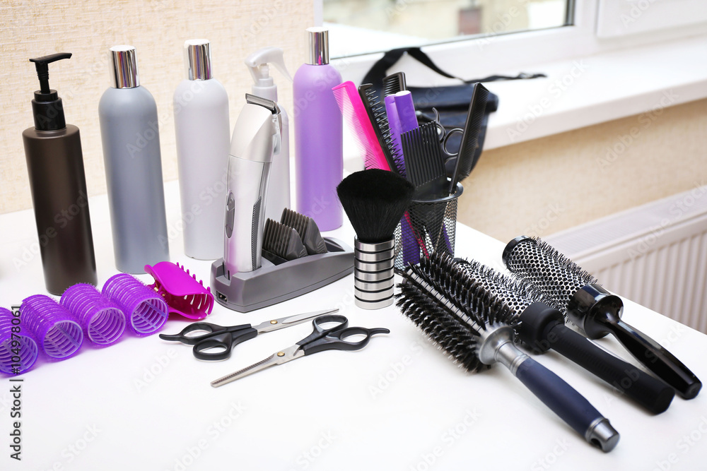Professional hairdresser tools on table