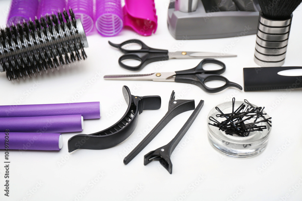 Professional hairdresser tools on table