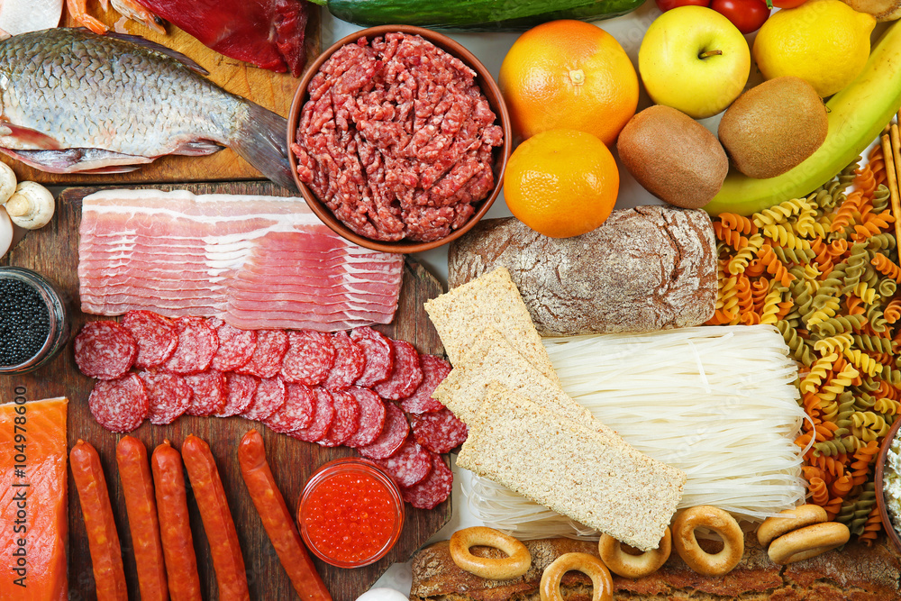 A set of food products, top view