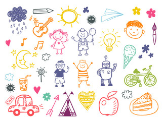 Happy kids doodle set with toys and tools, children drawings