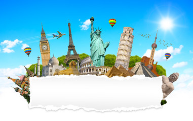 Wall Mural - Famous monuments of the world with blank torn paper