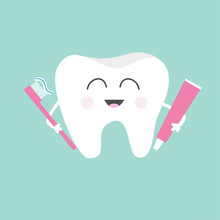 Tooth Holding Toothpaste And Toothbrush. Cute Funny Cartoon Smiling Character. Children Teeth Care Icon. Oral Dental Hygiene. Tooth Health. Baby Background. Flat Design.