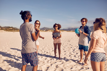 Wall Mural - Group of friends on the beach playing with ball