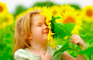 Wall Mural - little girl smelling a sunflower