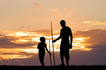 Poster - African man and son at sunset