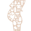 Silhouette of the pregnant woman with baby's goods and items icons inside. Vector illustration isolated on white