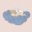 Sleeping angel on cloud. Vector hand drawn illustration with sleeping angel. Cute cartoon character angel
