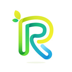 R letter with green leaves eco logo.