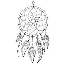 Dreamcatcher, Set Of Ornaments, Feathers And Beads. Native American Indian Dream Catcher, Traditional Symbol. Feathers And Beads On White Background. Vector Decorative Elements Hippie.
