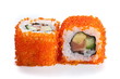  California Sushi rolls   with  salmon and red caviar close up on white background 