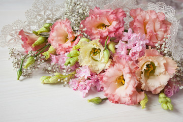 Wall Mural - Flowers bouquet of pink hyacinths and lisianthus