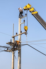 Canvas Print - electricians repairing wire of the power line on electricity power pole with crane 