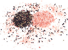Himalayan Pink Salt And Rainbow Peppercorns On White Background