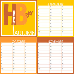 text art seasonal birthday calendar, autumn months including september, october and november, vector, eps10