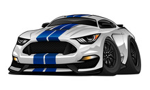 American Muscle Car Cartoon Isolated Vector Illustration, White With Blue Racing Stripes, Aggressive Stance, Big Tires And Rims, Very Sharp, Clean Lines