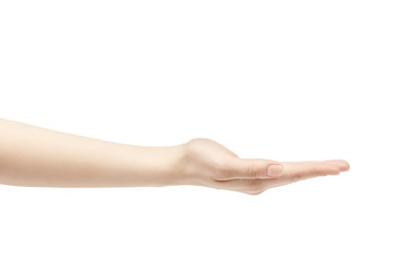 empty young female hand to hold something straight, isolated on white background