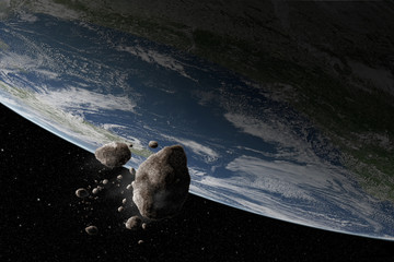 Wall Mural - cosmos scene with asteroid and planet earth