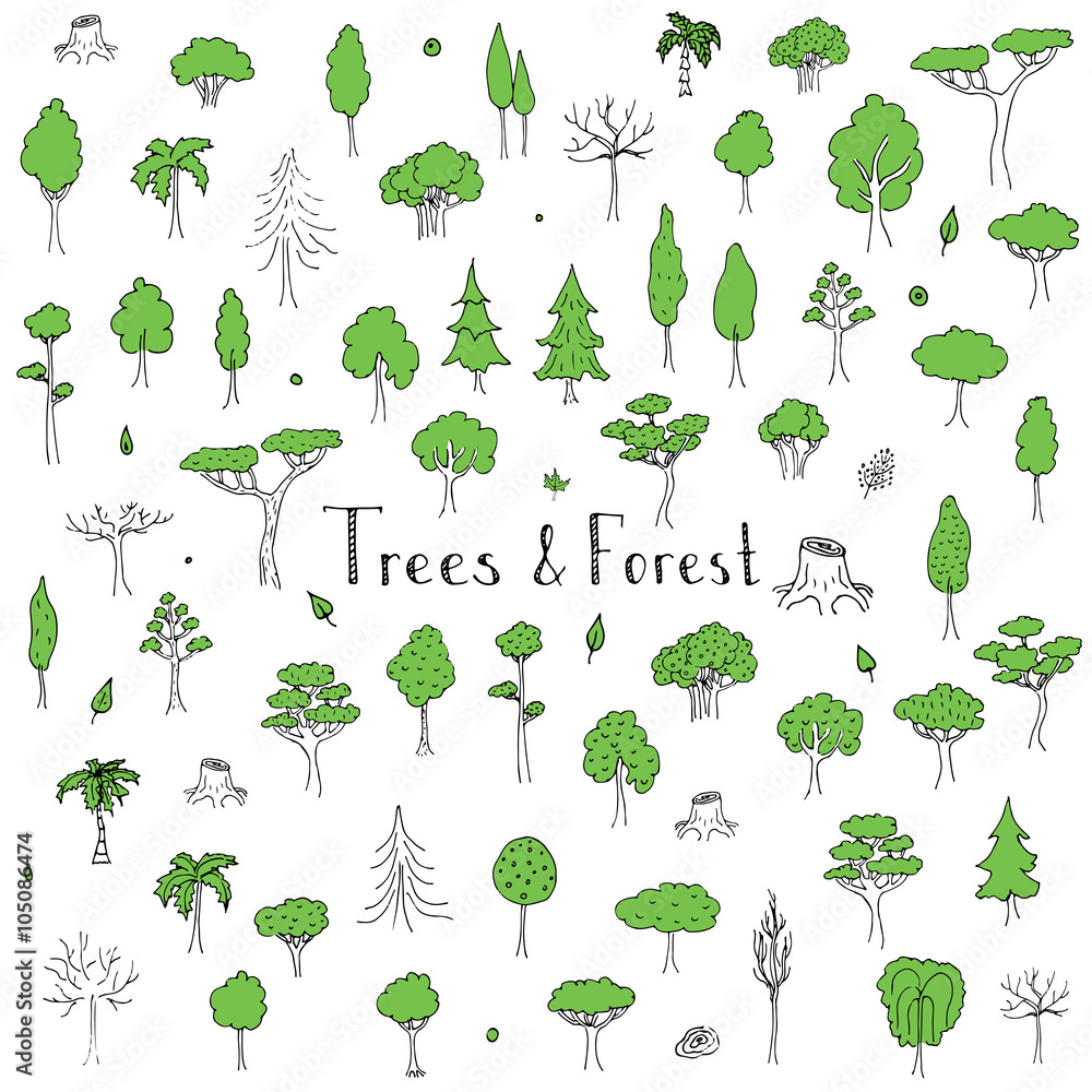 Hand drawn doodle Trees and Forest set Vector illustration tree icons ...