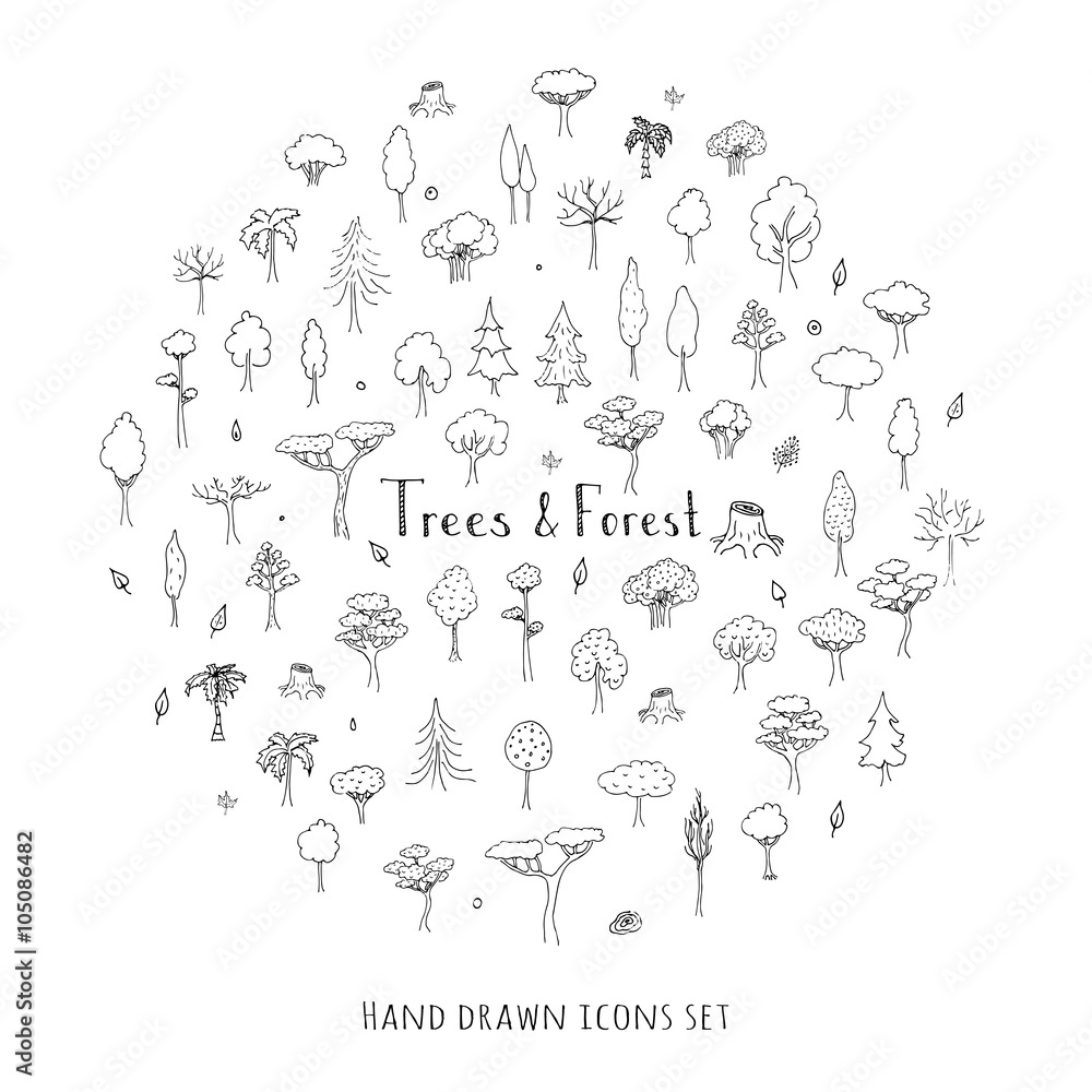 Hand drawn doodle Trees and Forest set Vector illustration tree icons ...