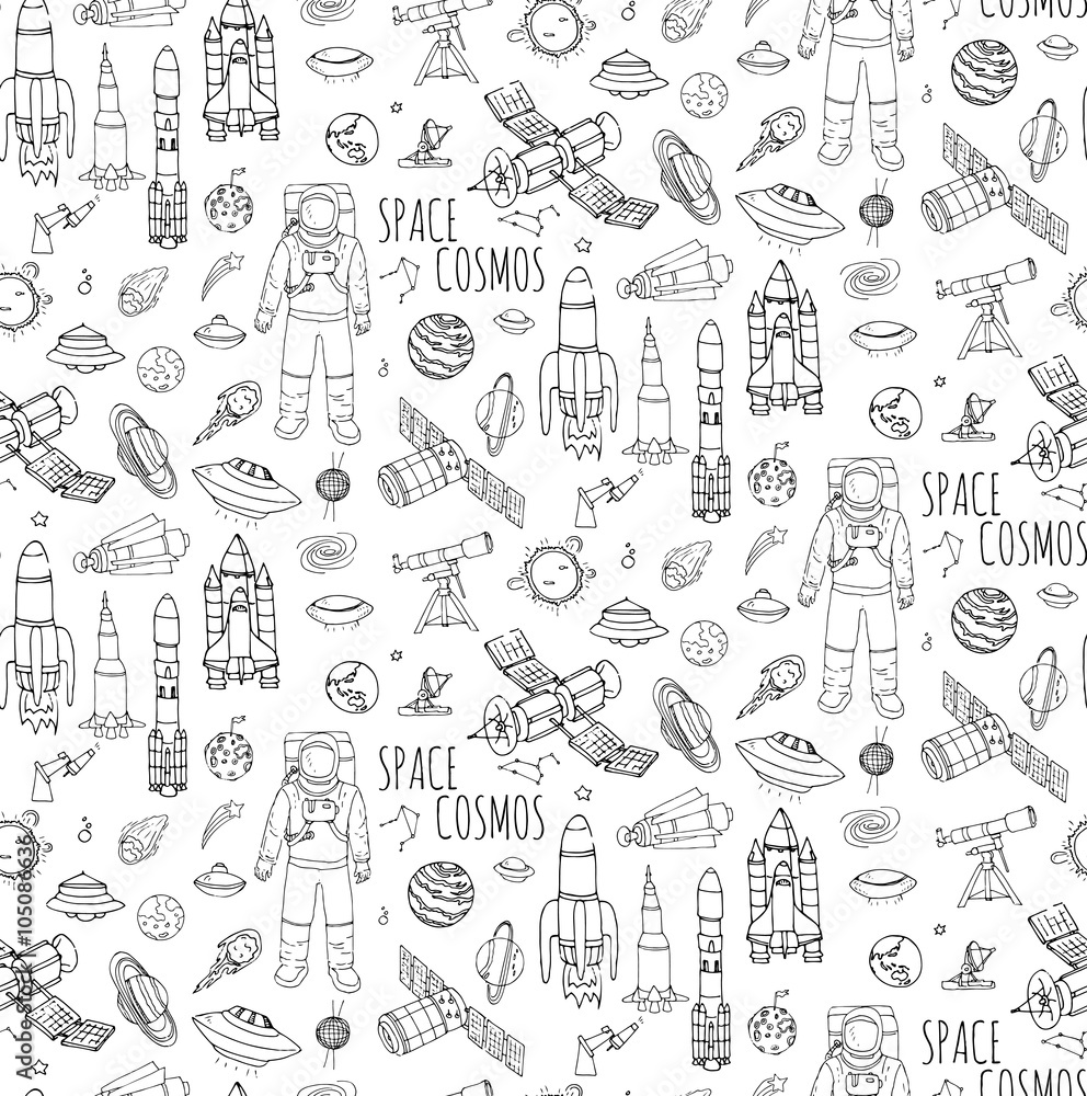 Seamless background hand drawn doodle Space and Cosmos set Vector ...