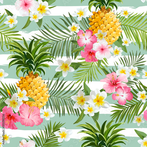 ananasy-i-tropikalny-kwiat-geometrii-tlo-rocznika-bezszwowy-wzor