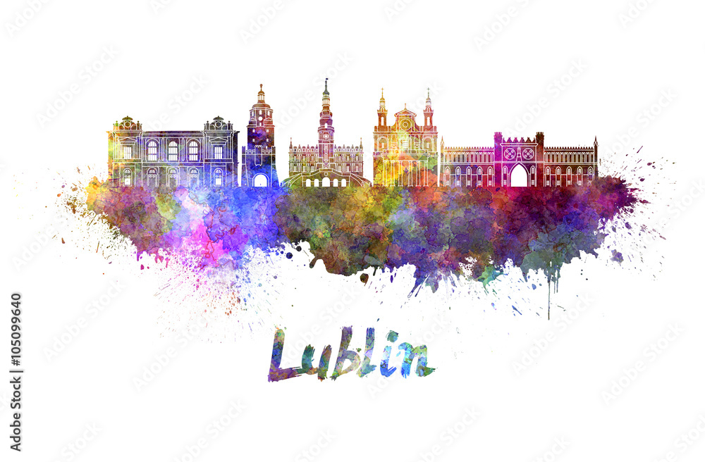 Lublin skyline in watercolor - obrazy, fototapety, plakaty 
