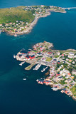 Fototapeta Łazienka - Amazing view of Lofoten islands: village Reine with red wooden houses near water from height 