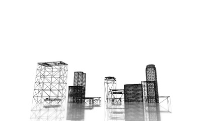 Video 3840x2160 UHD - Blueprint of the business district of the city with skyscrapers and apartment buildings rising out of the ground on white background