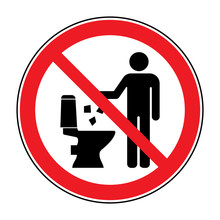 Do Not Litter In Toilet Icon. Keep Clean Sign. Silhouette Of A Man, Throw Garbage In A Bin, In Circle Isolated On White Background. No Littering Warning Symbol. Public Information. Vector Illustration