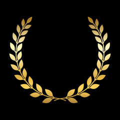 Poster - Gold laurel wreath. Symbol of victory and achievement. Design element for decoration of medal, award, coat of arms or anniversary logo. Golden leaf silhouette on black background. Vector illustration.