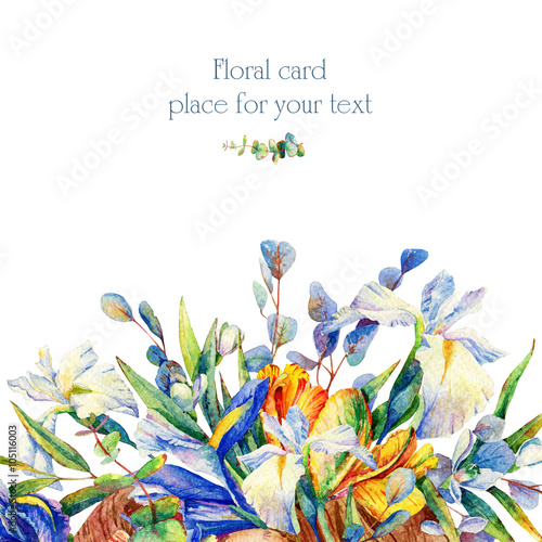 Floral greeting card. Background with watercolor white, blue irises.