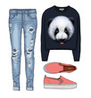 © doublebubble_rus - Lady fashion set of autumn, winter season outfit. Illustration stylish and trendy clothing. Denim, slip-on, jeans.