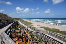 Old Wooden Boardwalk Provides Handicapped Access To The Beach At John D MacArthur State Park Near West Palm Beach, Florida.