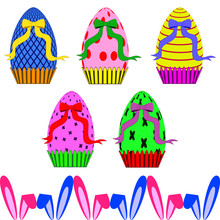 Easter Eggs With Ribbons And Ears Of Rabbit. Colorful Eggs With Ribbons On Cup-shaped Container