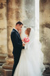 © olegparylyak - Beautiful romantic wedding couple of newlyweds hugging near old castle