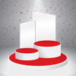 Illuminated stage podium with confetti  and red carpet. Vector illustration