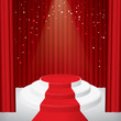 Illuminated stage podium with confetti, red curtain and red carpet. Vector illustration