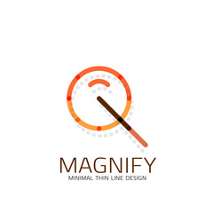 Vector thin line design logo magnifying glass, search and find or zoom logotype concept. Linear minimalistic business icon