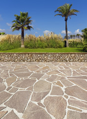 Poster - Terrasse mit Palmengarten