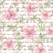 © zzorik - Pink camelia flowers and vintage ink text letter. Watercolor. Repeating retro floral pattern