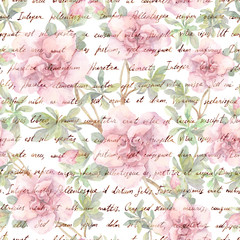 Wall Mural - pink camelia flowers and vintage ink text letter. watercolor. repeating retro floral pattern
