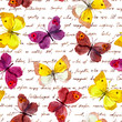 © zzorik - Butterflies at vintage aged hand written text letter. Repeating retro pattern. Watercolor and ink.