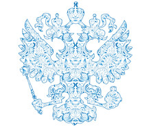 Coat Of Arms Of Russia With Blue Pattern In Traditional Folk Style Gzhel.